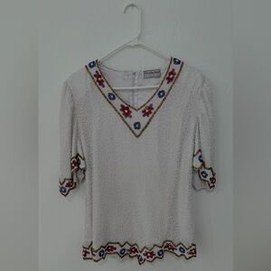 Vintage Creative Touch Silk Beaded Blouse – White with Sequin Embellishments
